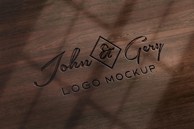 plantilla de maquillaje de logotipo con sombras suaves superpuestas sobre fondo de textura de madera para presentación, marca, identidad corporativa, publicidad y comercial o publicidad comercial