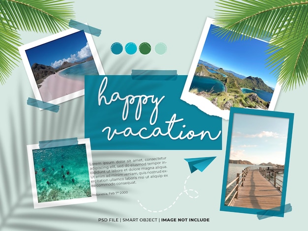 Plantilla de marco de fotos de happy vacation moodboard