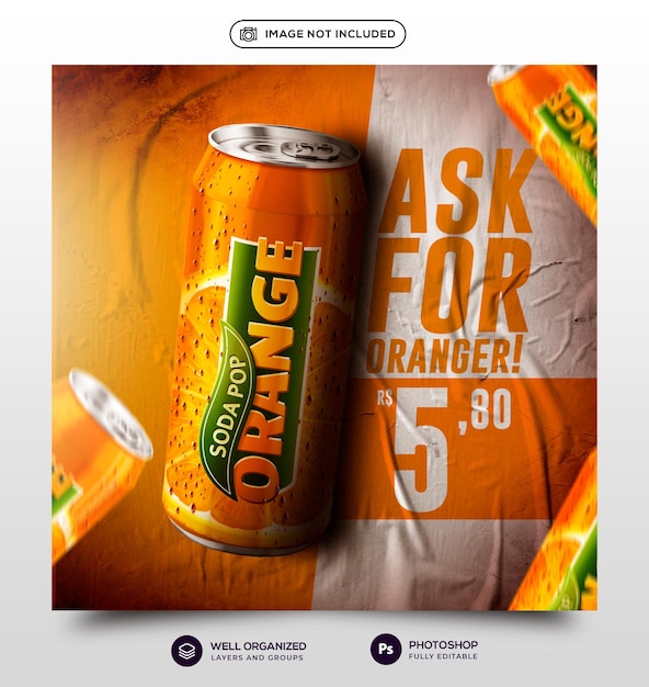 Plantilla de medios sociales de menú de alimentos de soda de jugo de naranja gratis para psd