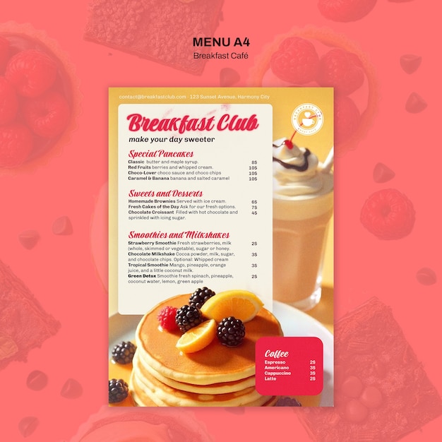 plantilla de menú de café de desayuno dulce