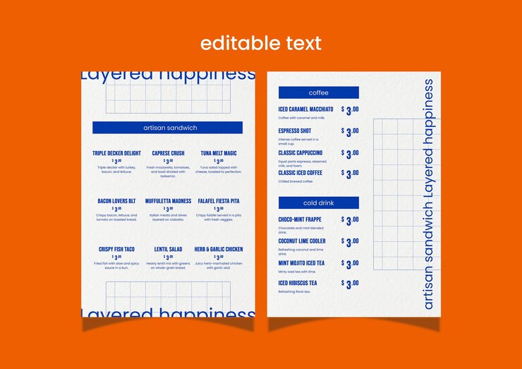 PSD plantilla de menú de la cafetería del restaurante texto editable