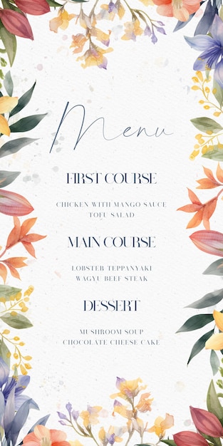 Plantilla de menú de comida Invitación de boda con acuarela de flores y hojas