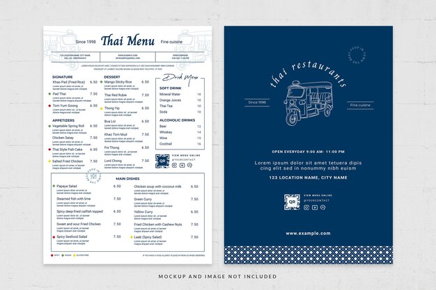 PSD plantilla de menú de comida simple en psd para restaurante tailandés