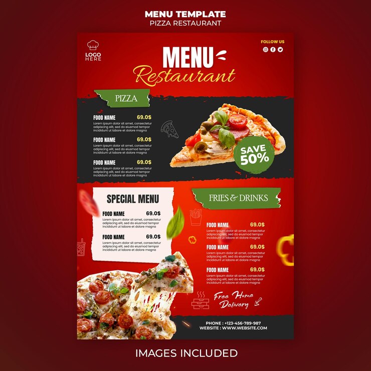 PSD plantilla de menú de un restaurante de pizza