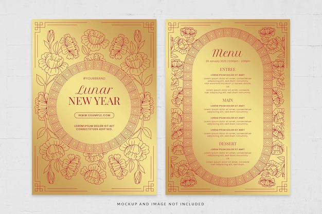 Plantilla de menú de tarjeta de celebración de año nuevo chino de comida CNY ornamentada dorada en PSD V1