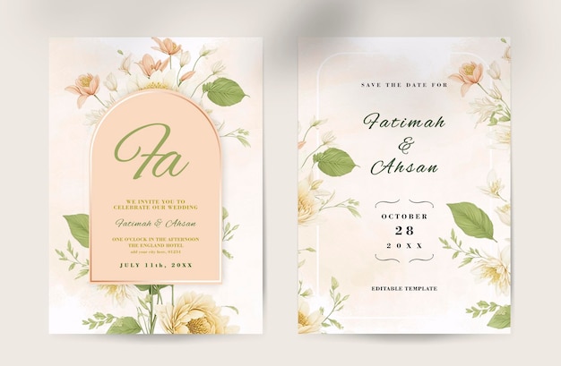 Plantilla minimalista de invitación de boda de doble cara con elegantes flores silvestres color melocotón color agua