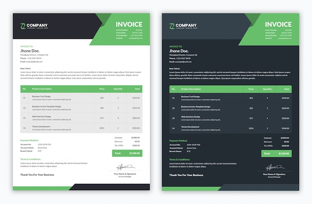 Plantilla moderna de factura profesional mínima con variaciones de color claro y oscuro
