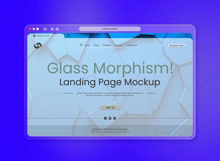 Plantilla de página de aterrizaje de glassmorphism líquido geométrico PSD para la presentación del sitio web corporativo