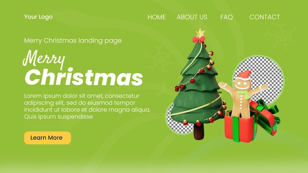 PSD plantilla de página de destino de árbol de navidad y pan de jengibre de personajes 3d