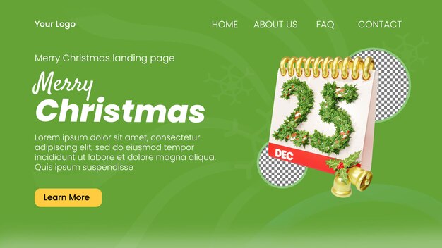 Plantilla de página de destino de calendario navideño de render 3d