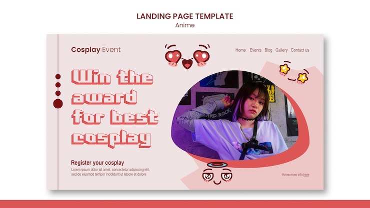 PSD plantilla de página de destino de cosplay de anime de diseño plano