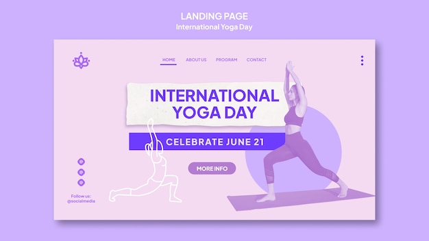 Plantilla de página de destino del día internacional del yoga con una persona que practica yoga