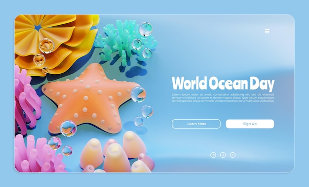 Plantilla de página de destino del día mundial del océano con ilustración de renderizado 3d de estrella de mar