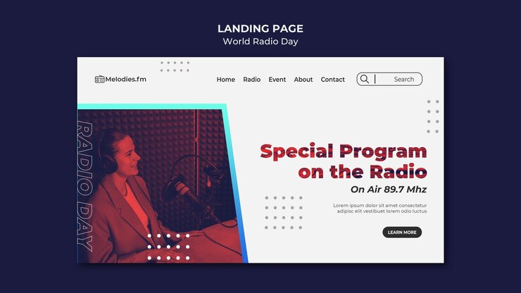 PSD plantilla de página de destino para el día mundial de la radio con locutor masculino