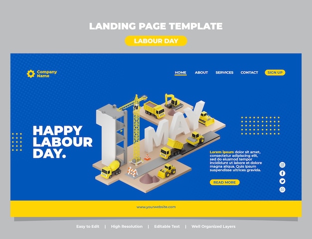 Plantilla de página de destino de feliz día internacional del trabajo con ilustración de renderizado 3d