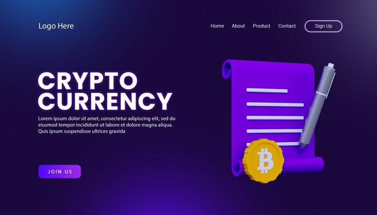 PSD plantilla de página de destino de moneda digital criptográfica 3d con icono 3d para web de marketing digital