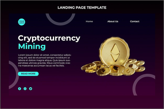 Plantilla de página de destino de monedas de ethereum dorado de renderizado 3d