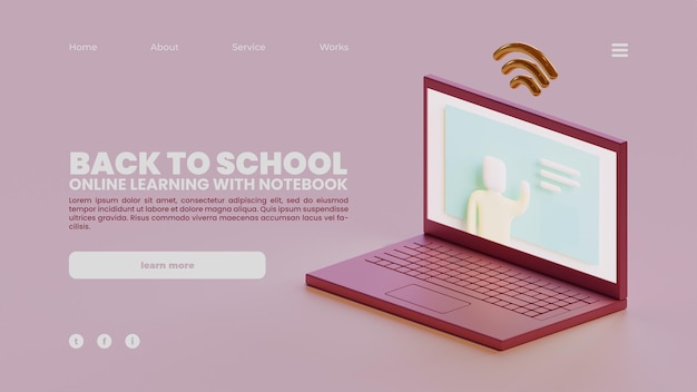 Plantilla de página de destino de regreso a la escuela con renderizado 3D de cuaderno