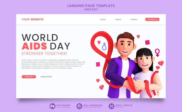 Plantilla de página de destino en render 3d para el día mundial del sida