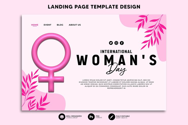 Plantilla de página de destino de representación 3D de celebración del día internacional de la mujer