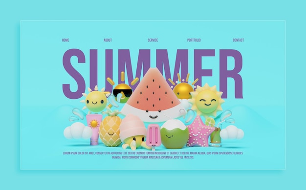 Plantilla de página de destino de verano con ilustración de renderizado 3D de sandía