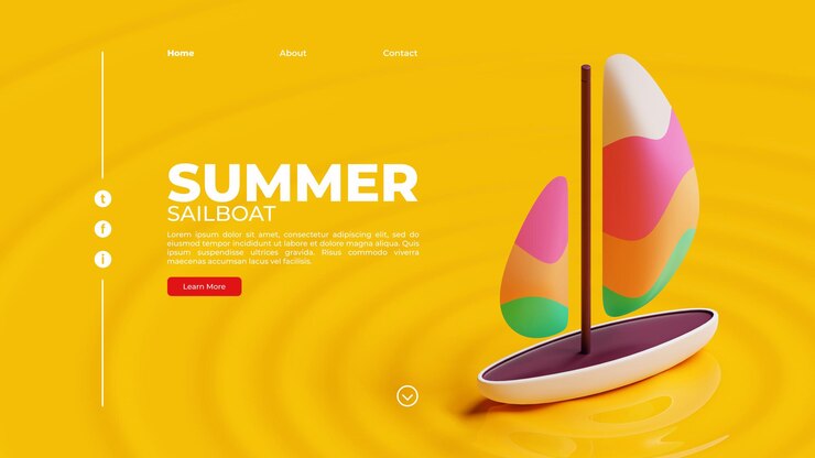 PSD plantilla de página de destino de verano con renderizado 3d de velero