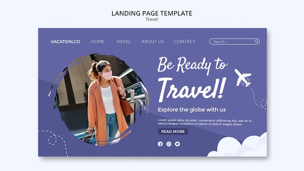 PSD plantilla de página de destino para viajar con mujer con mascarilla
