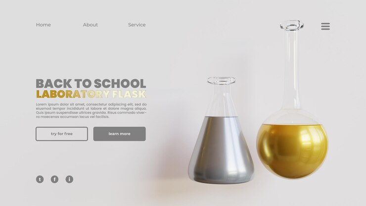 PSD plantilla de página de inicio de regreso a la escuela con matraz de laboratorio renderizado 3d