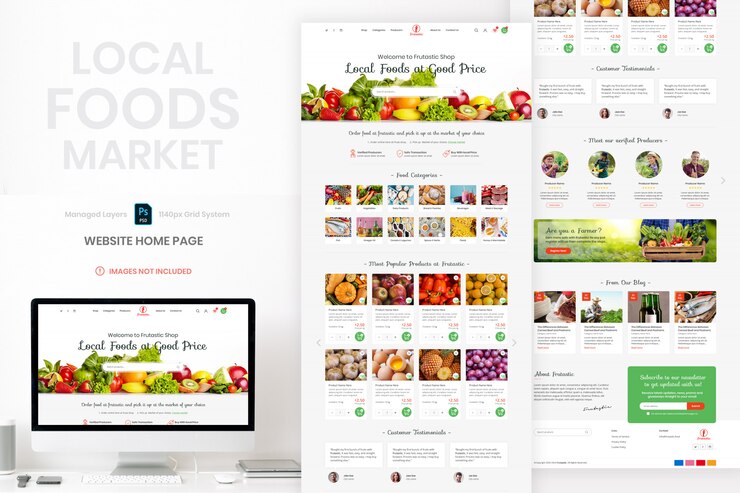 PSD plantilla de página de inicio del sitio web del mercado local de alimentos