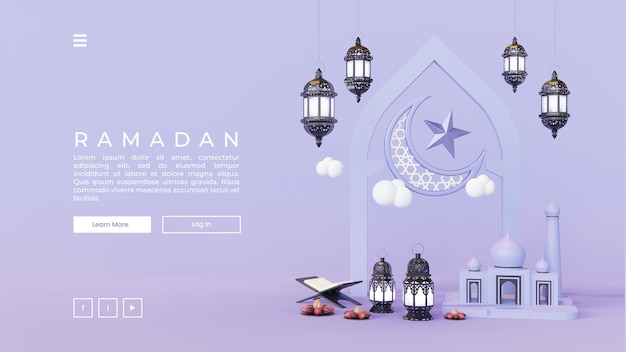 Plantilla de página web de ramadán con ilustración de renderizado 3d