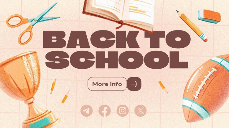 plantilla de pancarta horizontal de venta de regreso a la escuela con ilustración de papelería alrededor del texto