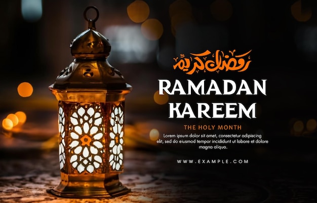 plantilla de pancarta social de Ramadan kareem con póster de Ramadan y una foto de la lámpara de Ramadan