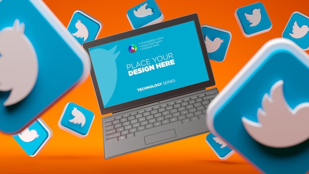 Plantilla de pantalla de cuaderno volador con iconos 3d de Twitter