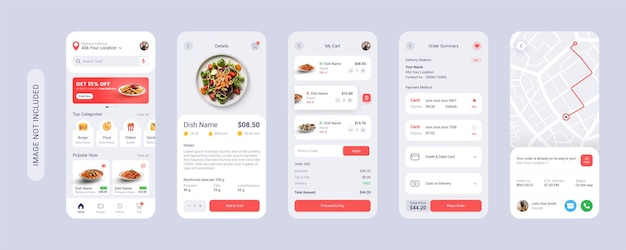 La plantilla de pantallas móviles de la aplicación de alimentos de PSD es completamente editable en modo Light