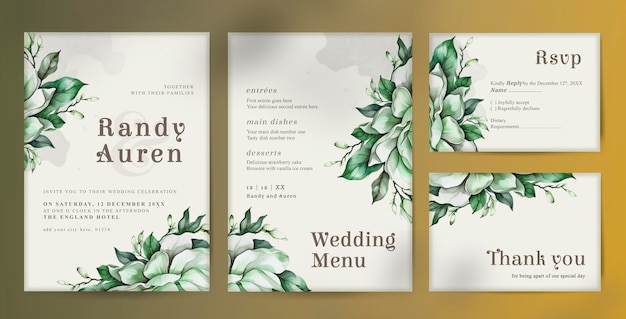 plantilla de paquete de invitaciones de boda PSD con elegante flor verde acuarela