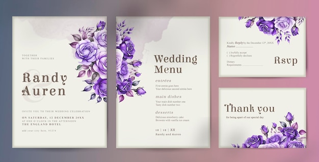 PSD plantilla de paquete de invitaciones de boda psd con elegantes flores de rosas de acuarela