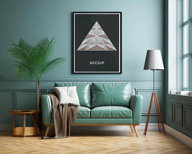 Plantilla Photoshop Maqueta Pintura en la pared sobre el sofá con almohadas en la sala de estar junto a la ventana ilustración generada por AI