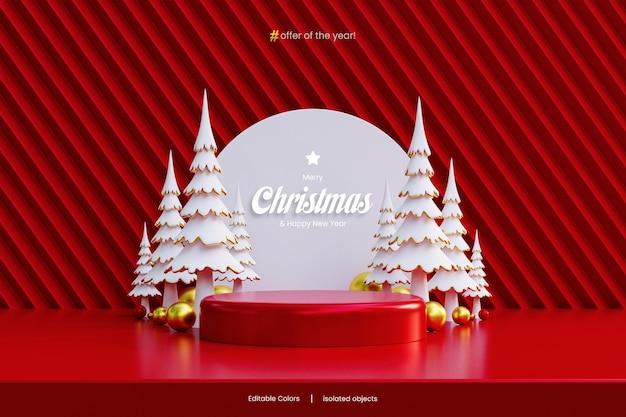 Plantilla de podio de venta de feliz Navidad y año nuevo con pinos sobre fondo rojo aislado