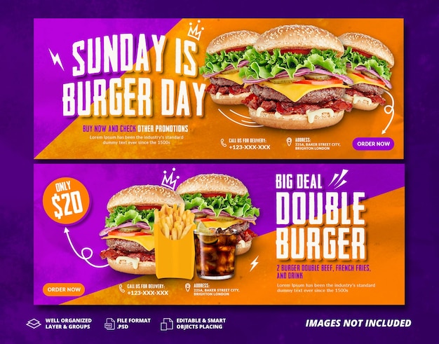 PSD plantilla de portada de facebook y banner web de comida de hamburguesa