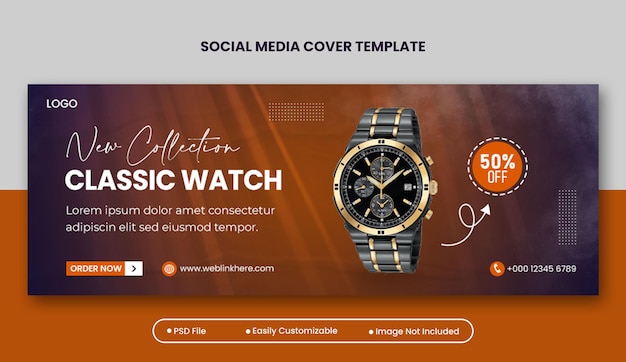 Plantilla de portada de facebook de medios sociales de productos de la marca classic watch o diseño de plantilla de banner web