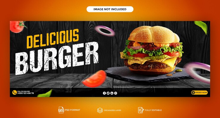 PSD plantilla de portada de facebook de menú de comida y hamburguesas deliciosas frescas y deliciosas psd