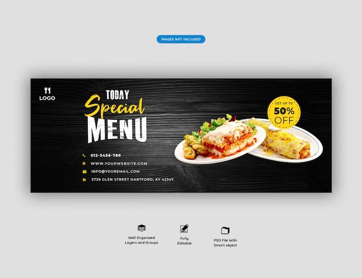 PSD plantilla de portada de facebook de menú de comida y restaurante