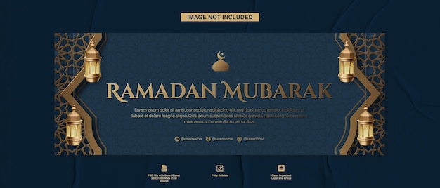 Plantilla de portada de Facebook de Ramadan Mubarak con linterna islámica en gradiente azul y dorado