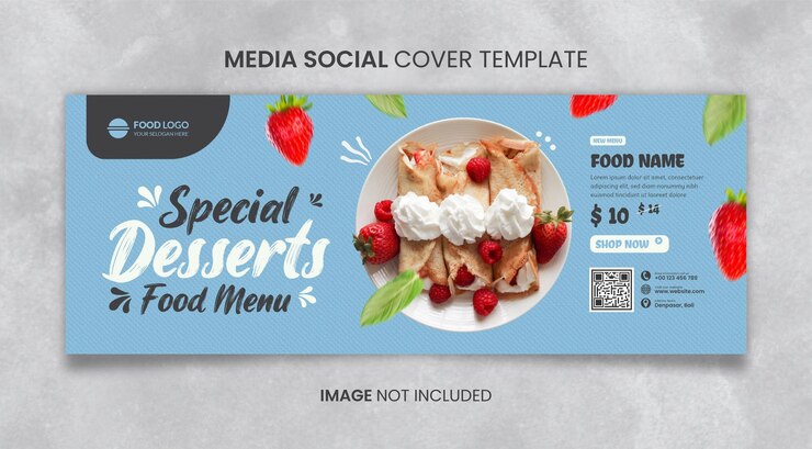 PSD plantilla de portada social de medios azules de postres especiales