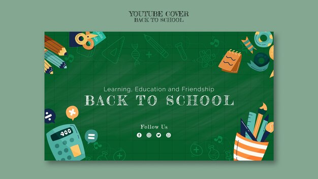 PSD plantilla de portada de youtube de regreso a la escuela dibujada a mano