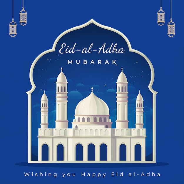 PSD plantilla de post de eid al adha con una mezquita en ella y un fondo azul