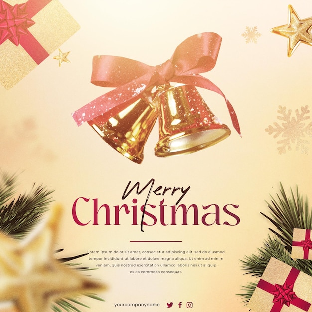 Plantilla de post de Navidad dorada en las redes sociales con regalos y campanas