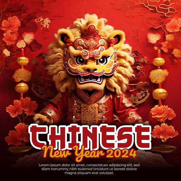 plantilla de póster del año nuevo chino 2024 con danza del león en traje tradicional