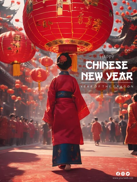 PSD plantilla de póster de año nuevo chino con linternas rojas