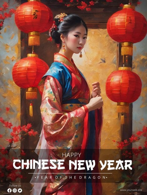 Plantilla De Póster De Año Nuevo Chino Con Pintura Al Óleo Mujer Joven China